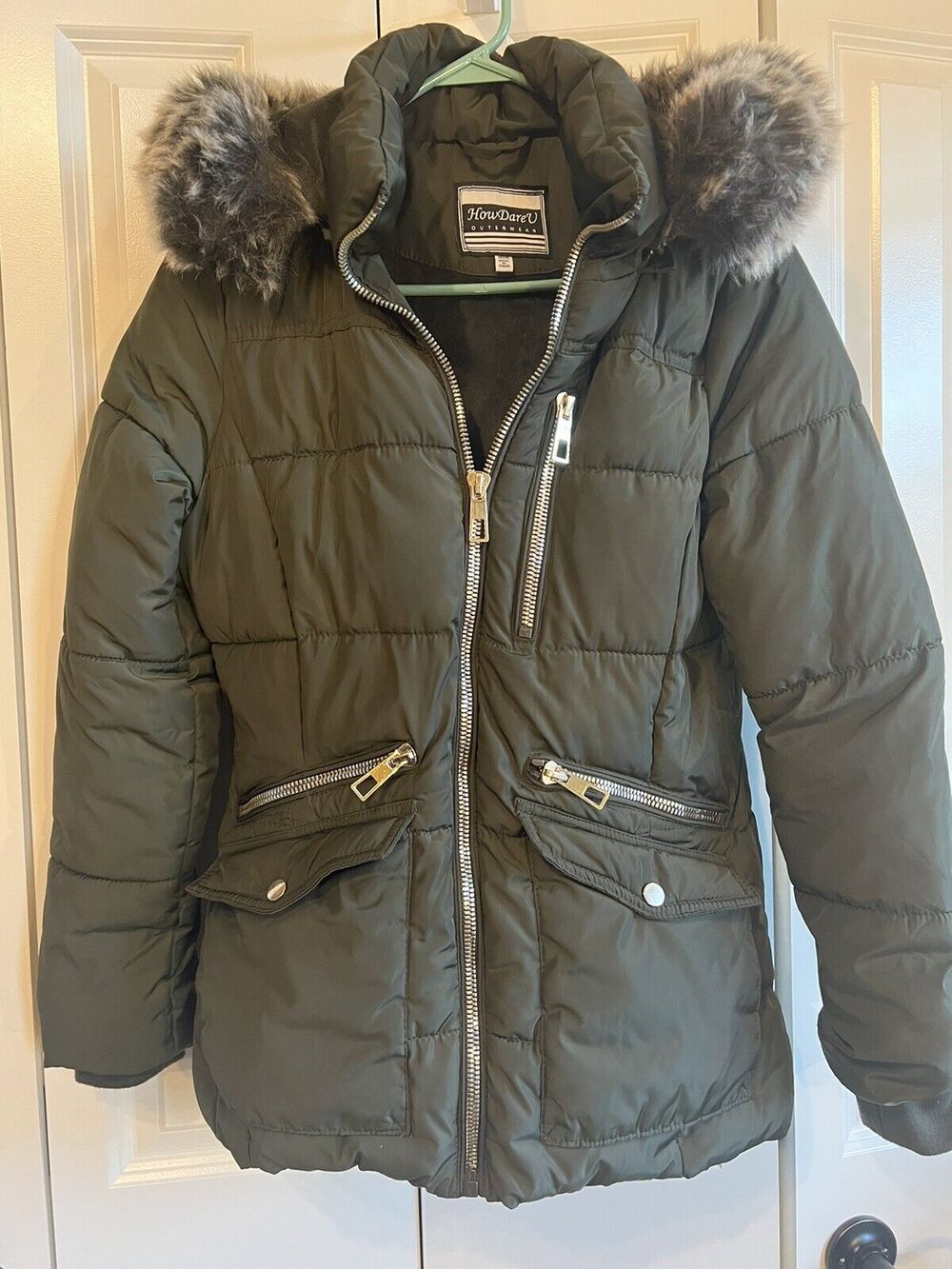 Quilted Coat Parka Moss Green with Faux Fur Trim Detachable Hood--Womens M